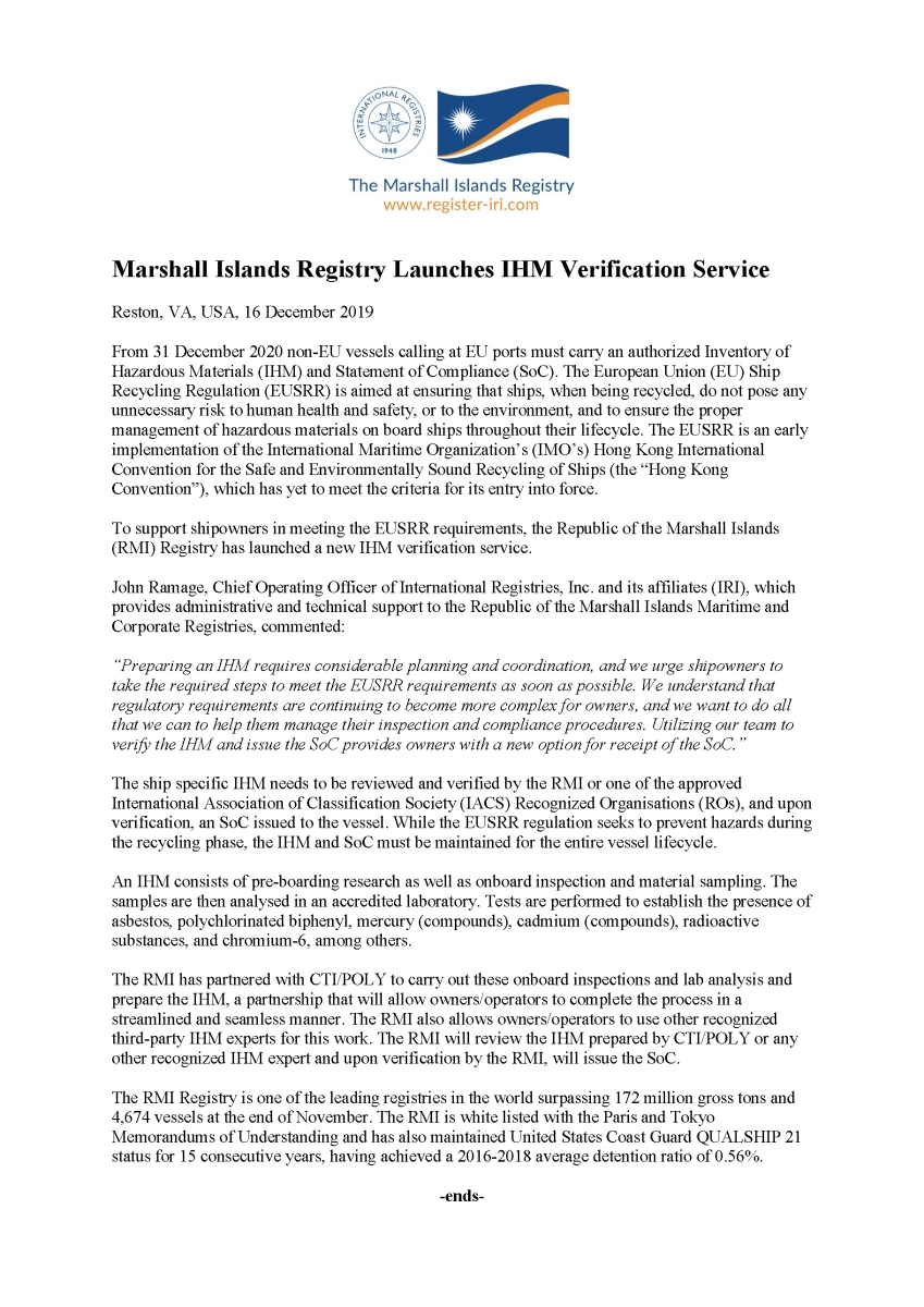 Marshall Islands Registry Launches IHM Verification Service letter